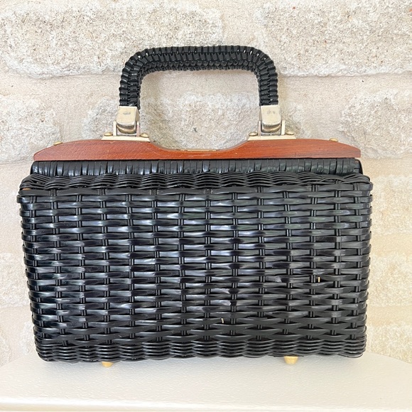 Vintage wicker box purse black vinyl woven large - Picture 2 of 12